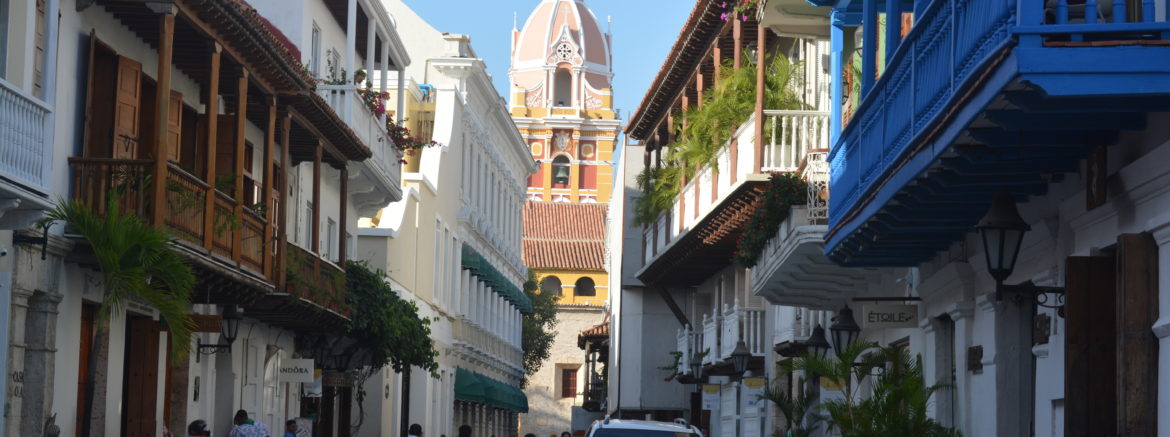 View to Cartagena Cathedral from Calle San Pedro Claver, Cartagena, Colombia