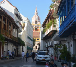 View to Cartagena Cathedral from Calle San Pedro Claver, Cartagena, Colombia